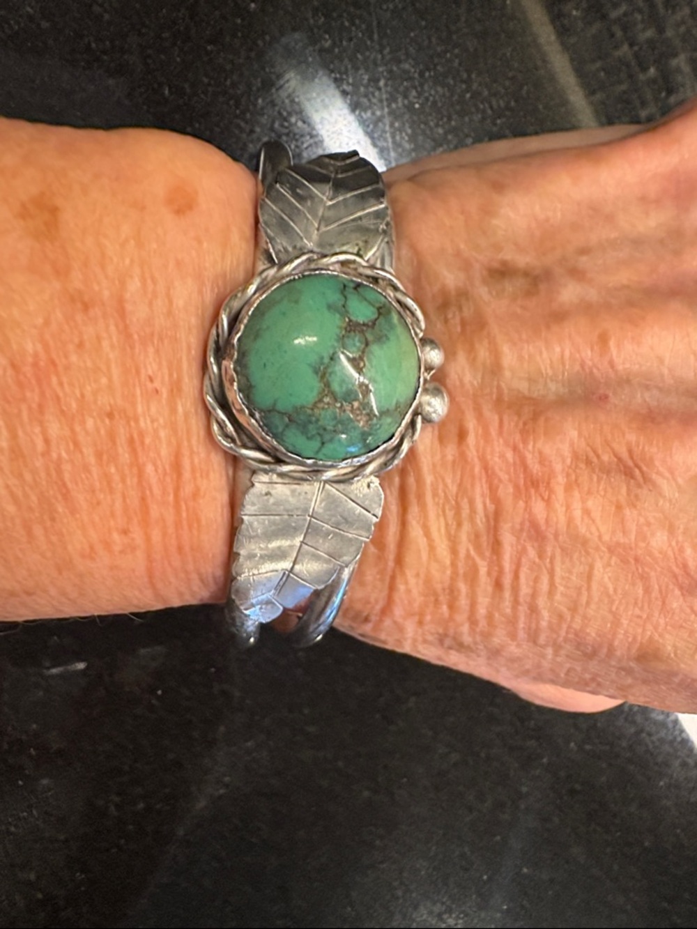 Turquoise Stone Silver Feather Cuff Bracelet - Women Jewelry - Picture 7 of 12
